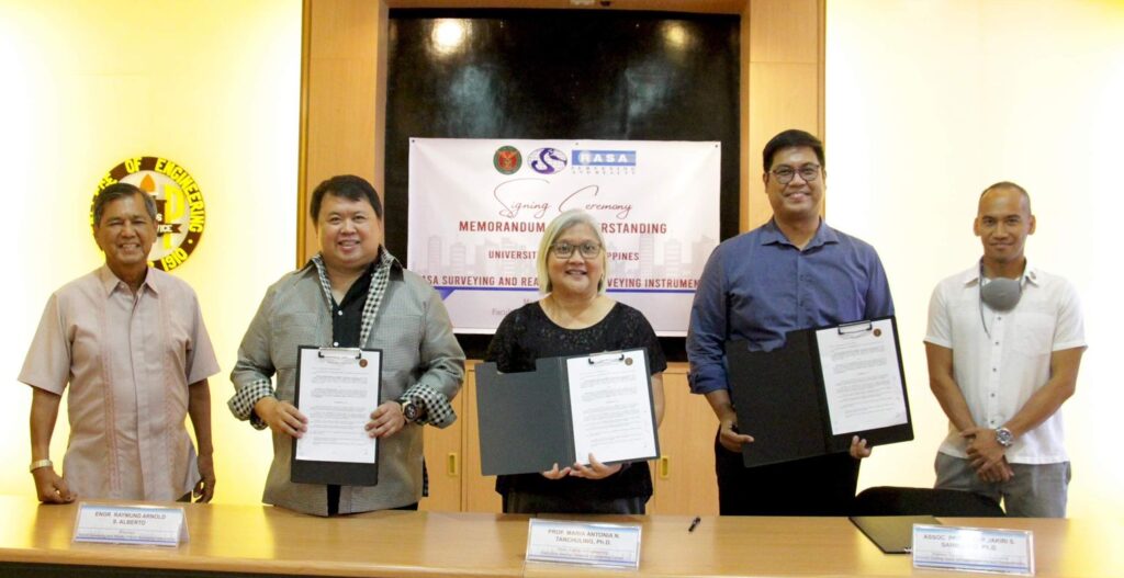 Engr Raymund Arnold S. Alberto, President RASA Surveying and Realty/RASA Surveying Instruments, Professor Maria Antonia N. Tanchuling, PhD, Dean UP DIliman College of Engineering and Associate Professor Czar Jakiri S. Sarmiento, PhD, Chairman Department of Geodetic Engineering, UP Diliman College of Engineering during the signing of a Memorandum of Understanding between UP Training Center for Applied Geodesy and Photogrammetry (TCAGP), and RASA Surveying and Realty/RASA Surveying Instruments.