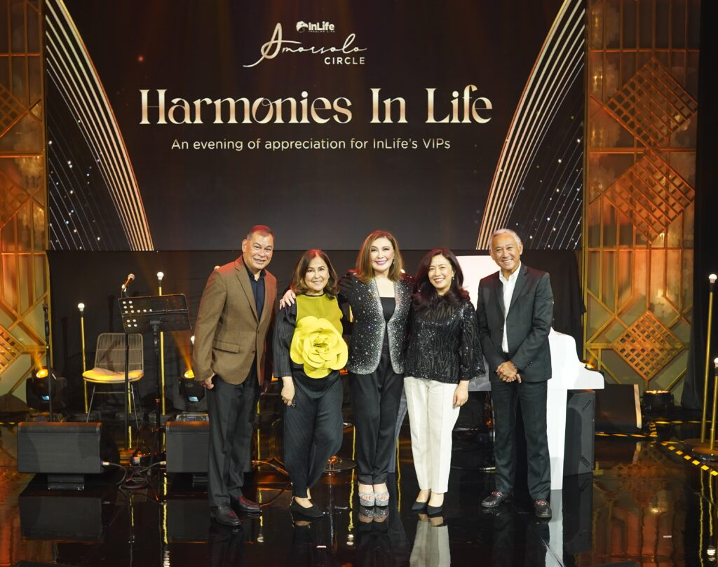 : InLife executives led by Executive Chairperson Nina D. Aguas, President and CEO Raoul Antonio E. Littaua, and Insular Health Care President and CEO Maria Noemi G. Azura (2nd from left, extreme left and 2nd from right, respectively) join Ms. Sharon Cuneta and Mr. Louie Ocampo onstage after the successful show. 