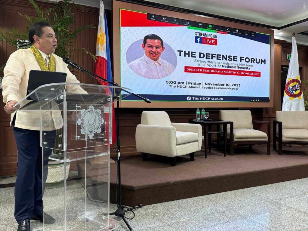 House Speaker Martin Romualdez is the keynote speaker of the very first edition of the "The Defense Forum" organized by the National Defense College of the Philippines Alumni Association, Inc. at Camp Aguinaldo in Quezon City.
