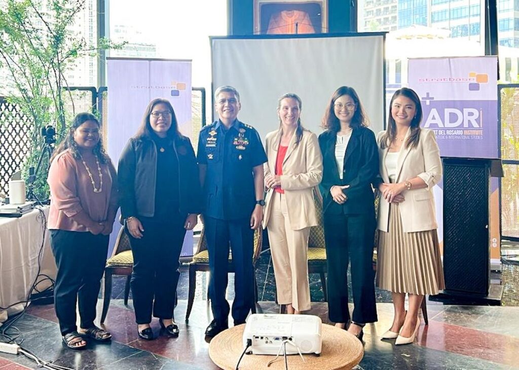 The Embassy of France in the Philippines in partnership with Stratbase ADR Institute holds a forum titled “Strengthening Collaboration for Sustainable Ocean Biodiversity Conservation” at Manila House Private Club, Taguig City, on October 12, 2024. In photo: Ms. Jevon Imedechong Sato (Project Coordinator, Division of Protected Areas, Bureau of Environment, Ministry of Agriculture, Fisheries and the Environment, Republic of Palau), Atty. Fretti Ganchoon (Senior State Counsel, Department of Justice), VADM Robert Patrimonio (Commander, Maritime Security Law Enforcement Command, Philippine Coast Guard), H.E. Marie Fontanel (Ambassador of France to the Philippines), Ms. Dana Dinsay (Chief of Staff, Stratbase Group), and Ms. Joyce Reyes (Deputy Executive Director for Strategic Engagements, Stratbase ADR Institute.